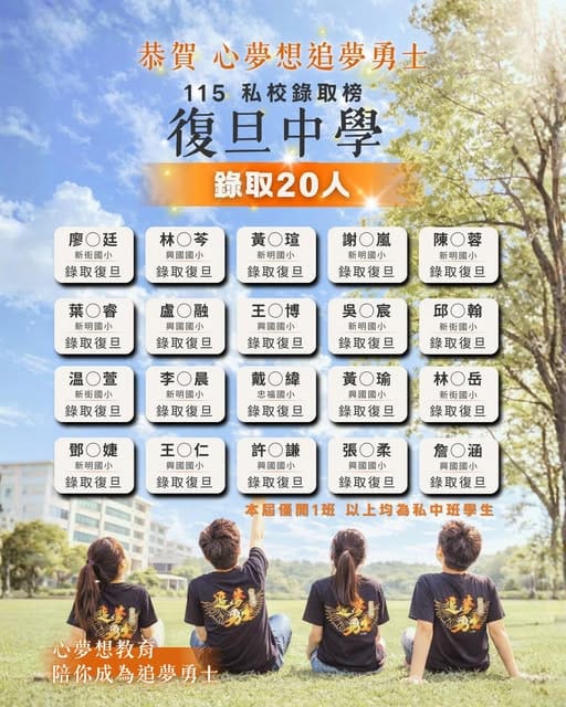 2026 心夢想私中班 100% 錄取榜單成果展